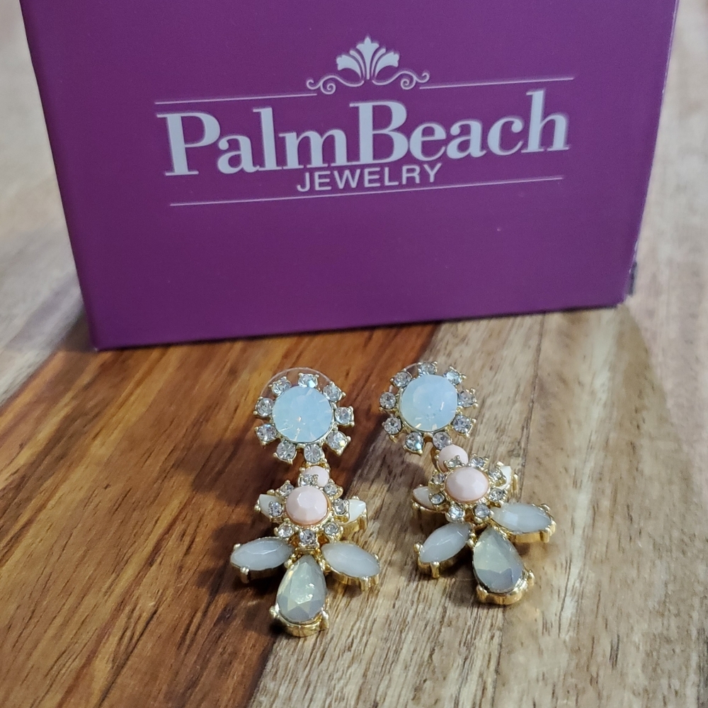 Palm Beach Iridescent Moonstone Flower Drop Earrings Faceted Crystal